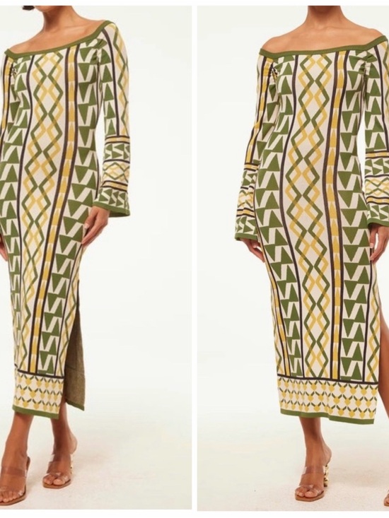 Misa Los Angeles Dresses & Skirts - Misa Los Angeles Jaquetta Olive Cream & Yellow Geometric Off-Shoulder Midi Dress